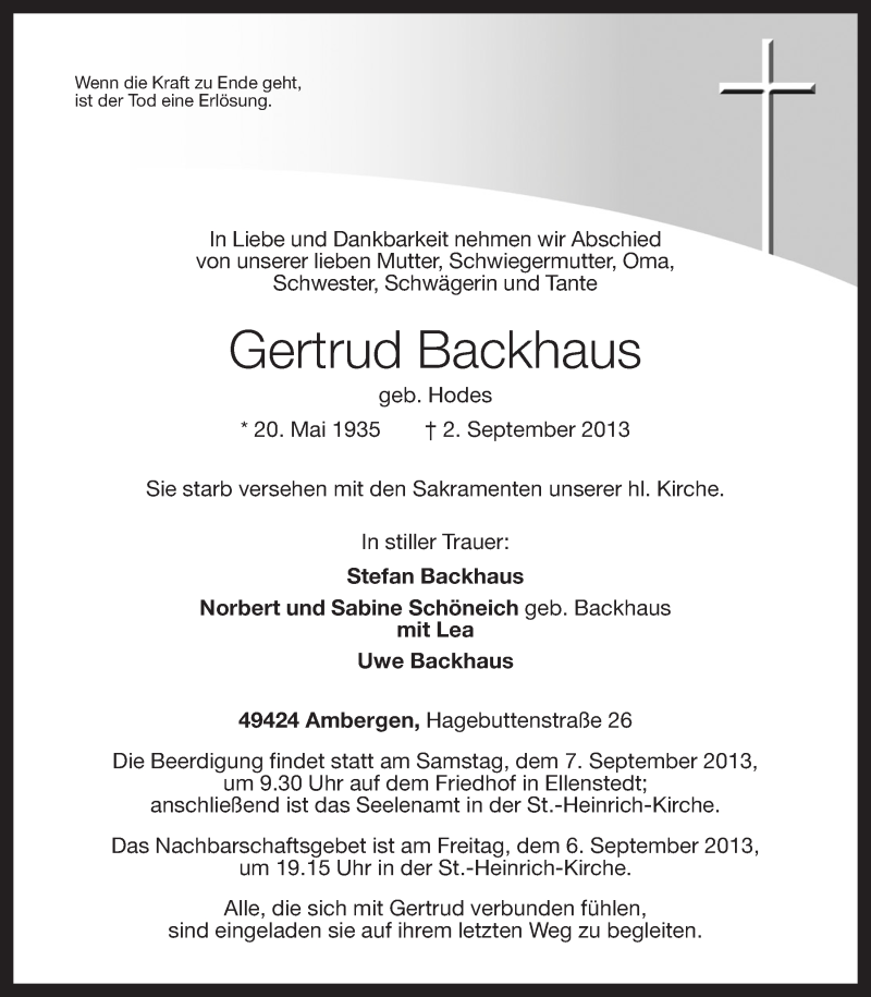  Traueranzeige für Gertrud Backhaus vom 04.09.2013 aus OM-Medien